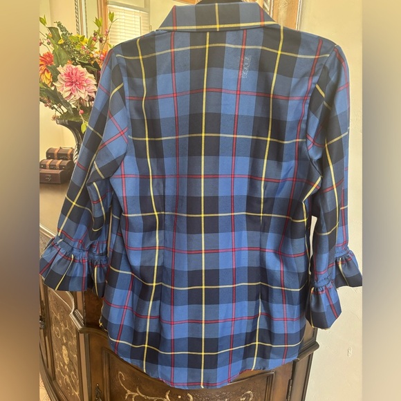 NWT Gretchen Scott Blue Yellow Black and Red Plaid Shirt -Size L - Picture 4 of 6